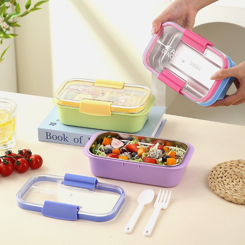 Minimalist Student 304 Stainless Steel Compartment Lunch Box Student Lunch Bento Box with Spoon and Fork Dorm Takeout Food Container