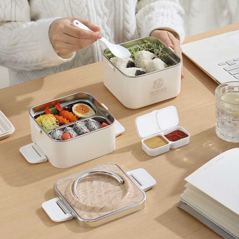 Student 304 Stainless Steel Wood Grain Lunch Box Double-Layer Portable Bento Box Freshness Box Adult Meal Prep Portable Lunch Box