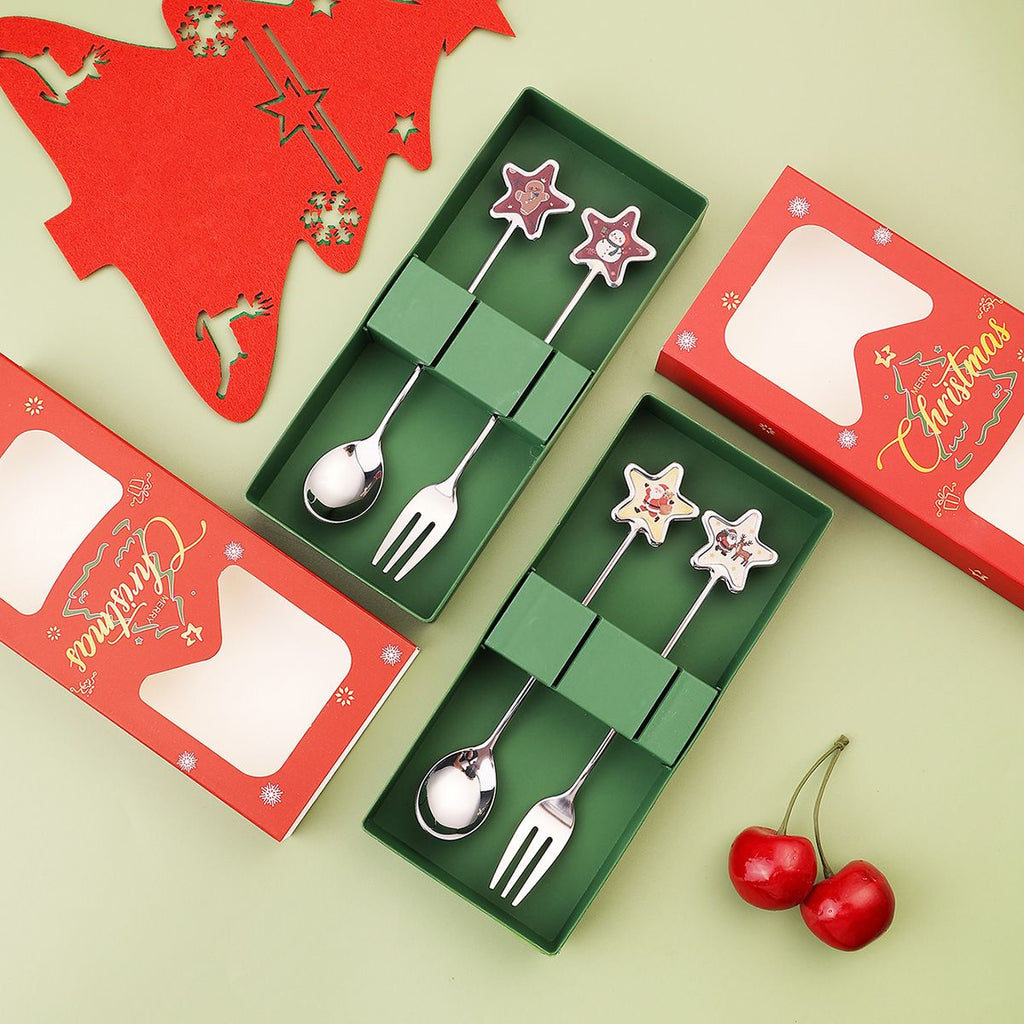 Creative Christmas Stainless Steel Spoon and Fork Tableware Set Five-Pointed Star Elderly Reindeer Christmas Dessert Spoon Fruit Fork Gift