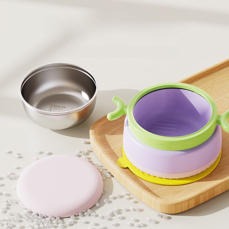 Kids Stylish 316 Stainless Steel Baby Food Bowl Baby Learning to Eat Water-Filled Bowl Suction Bowl with Lid Cute