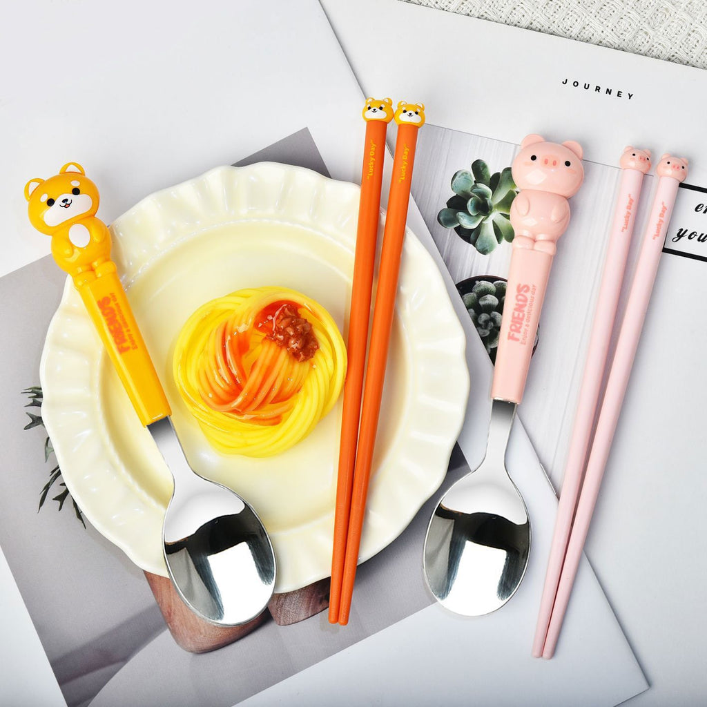 Little Pig Frog Kids Cartoon Stainless Steel Tableware Set Student Travel Portable Spoon Chopsticks 2-Piece Set with Box