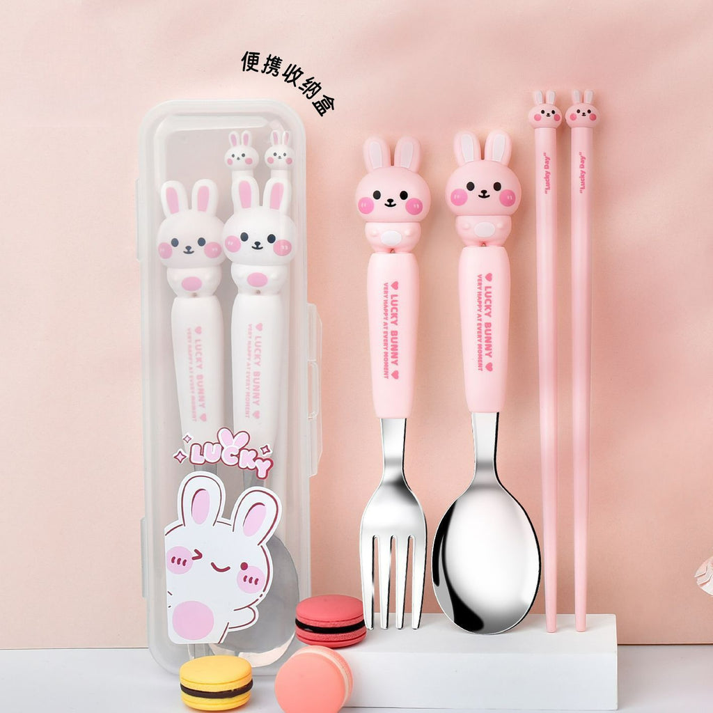 Cartoon Rabbit Student Spoon, Fork and Chopsticks 3-Piece Set with Box Kids Portable Eating Tableware Set Gift