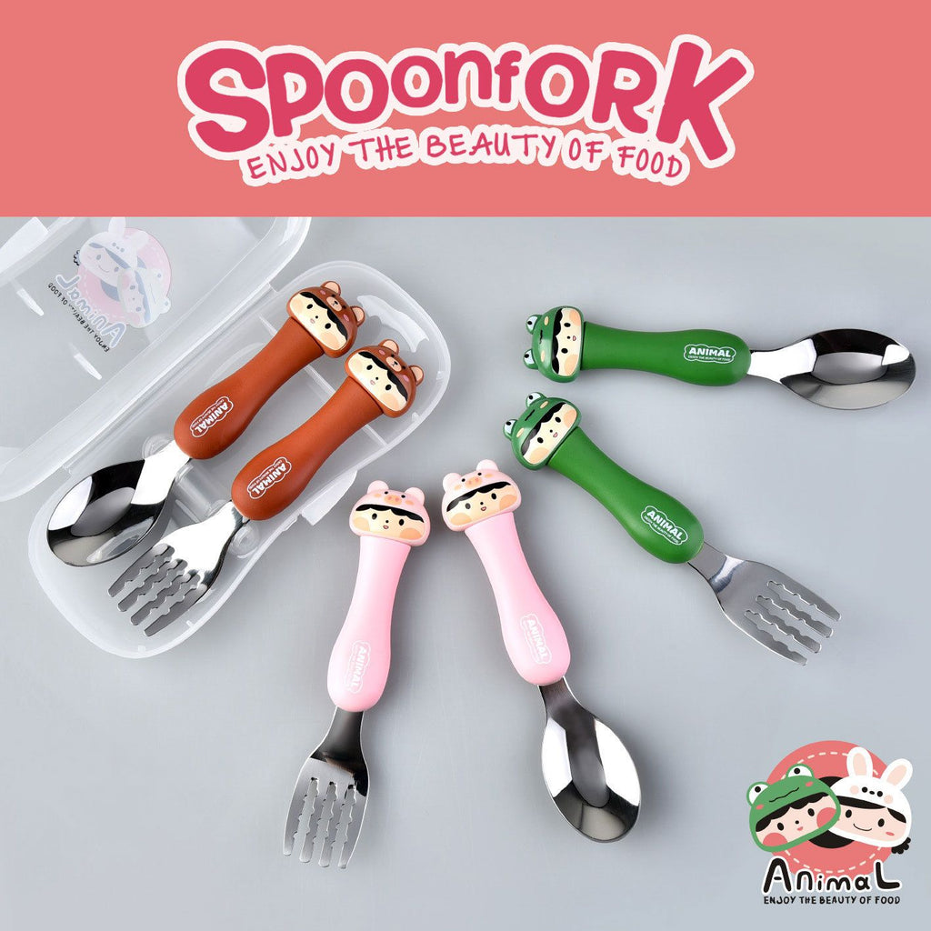 Cartoon 304 Stainless Steel Kids Tableware Set 2-Piece Set Creative Portable Travel Student Spoon and Fork Set Gift