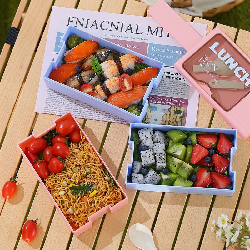 Minimalist Japanese Style Student Plastic Double-Layer Lunch Box Office Worker Portable Lunch Bento Box Microwave Safe Heating Food Container