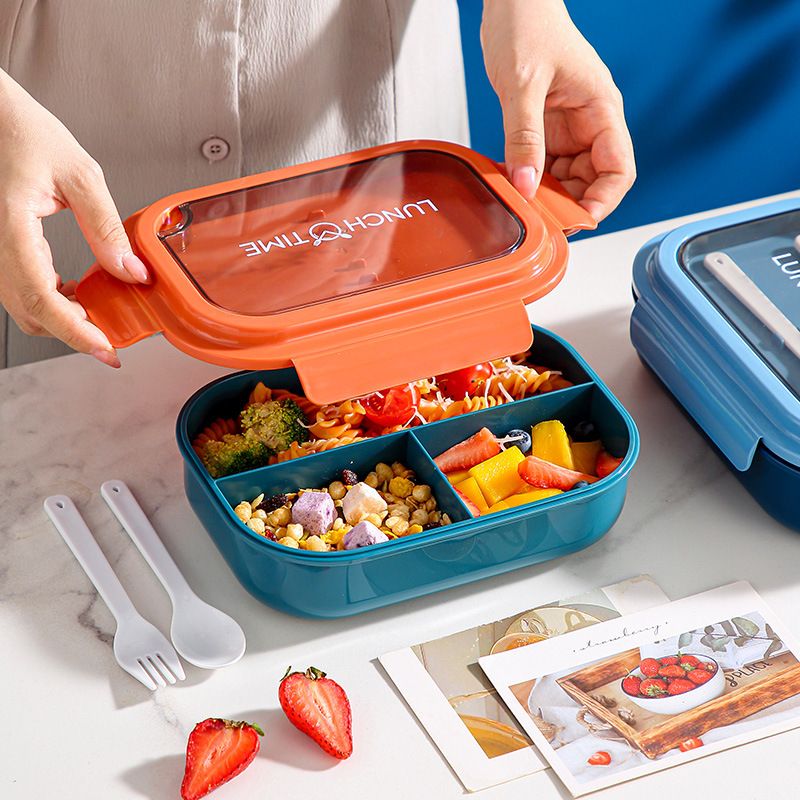 Minimalist Japanese Style Compartment Student Plastic Lunch Box Office Worker Lunch Bento Box Microwave Safe with Spoon and Fork