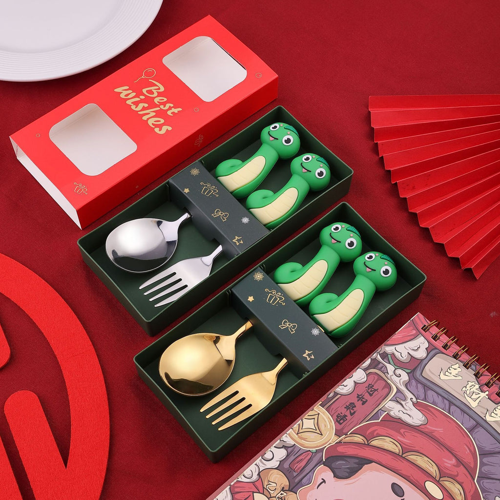 Cartoon Year of Snake Kids Stainless Steel Spoon New Year Gold and Silver Spoon and Fork Set Gift 4-Piece Set Dessert Fork