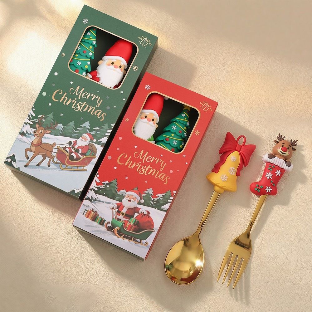 Cartoon New Christmas Spoon and Fork Tableware Set Santa Claus Reindeer Spoon Dessert Spoon 4 pcs Set Gift Box