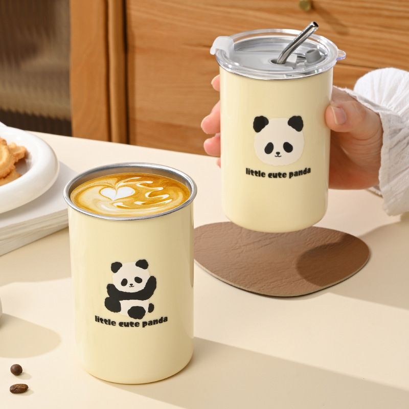 Cartoon 304 Stainless Steel Straw Cup Student Milk Tea Cup Office Mug with Lid Water Cup