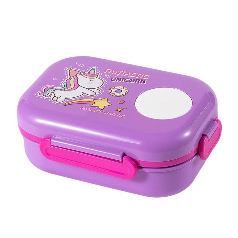 Cartoon Kids Compartment Plastic Lunch Box Student Large Capacity Buckle Lunch Bento Box with Cutlery Sauce Box