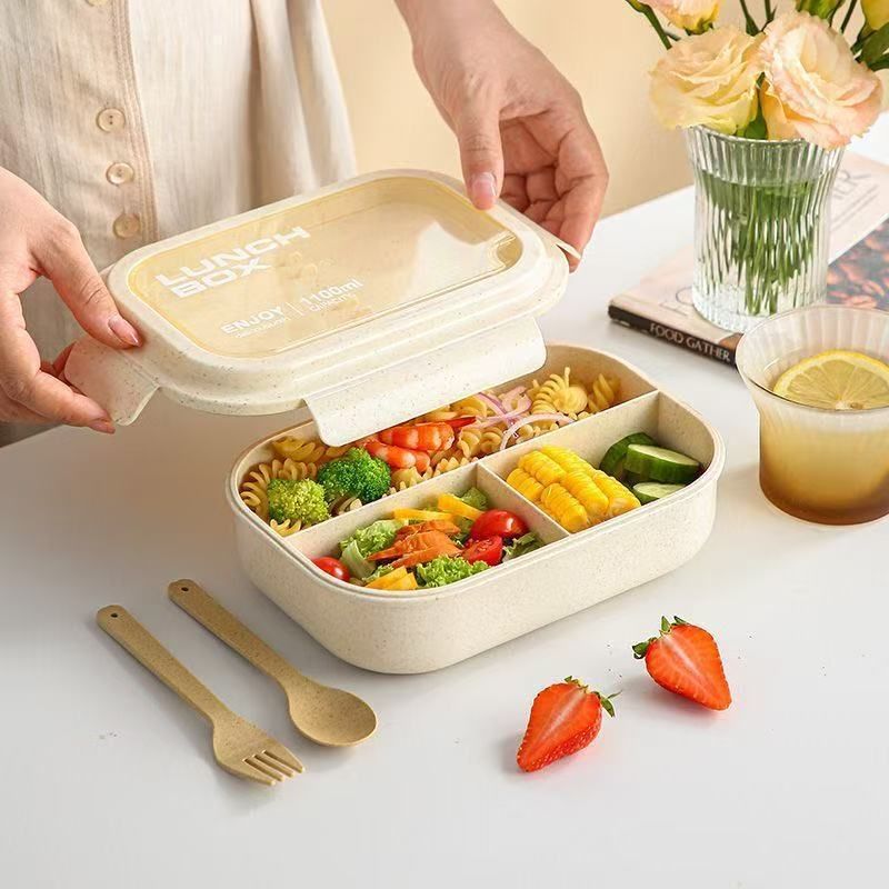 Minimalist Student Wheat Straw Compartment Lunch Box Office Worker Lunch Bento Box Microwave Safe Takeout Food Container