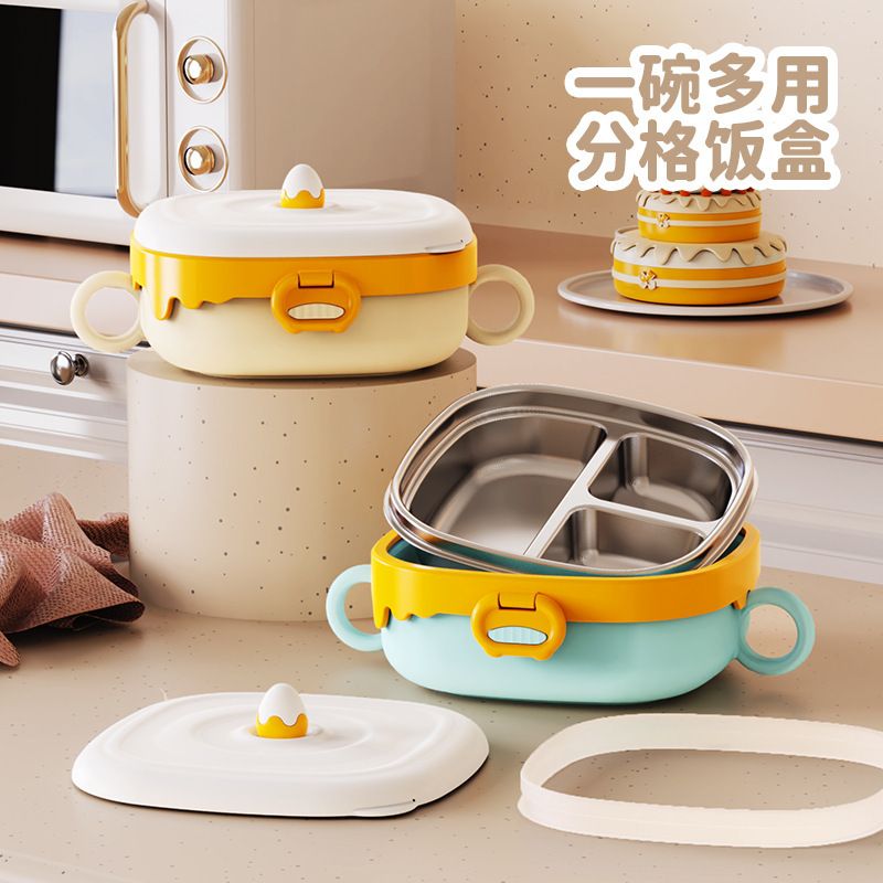 Baby Water-Filled Bowl Kids 316 Stainless Steel Compartment Dining Plate Infant Eating Study Baby Food Bowl with Handle with Lid