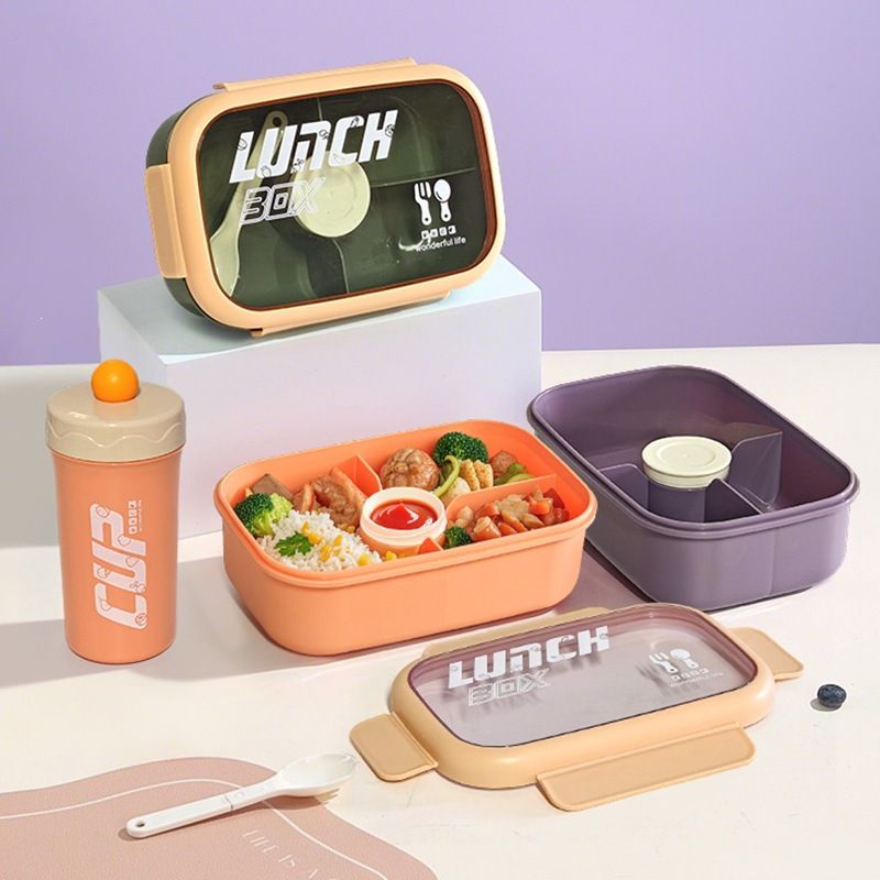 Student Minimalist Plastic Compartment Lunch Box and Water Cup Set Microwave Safe Heating Lunch Bento Box Sauce Box Tableware