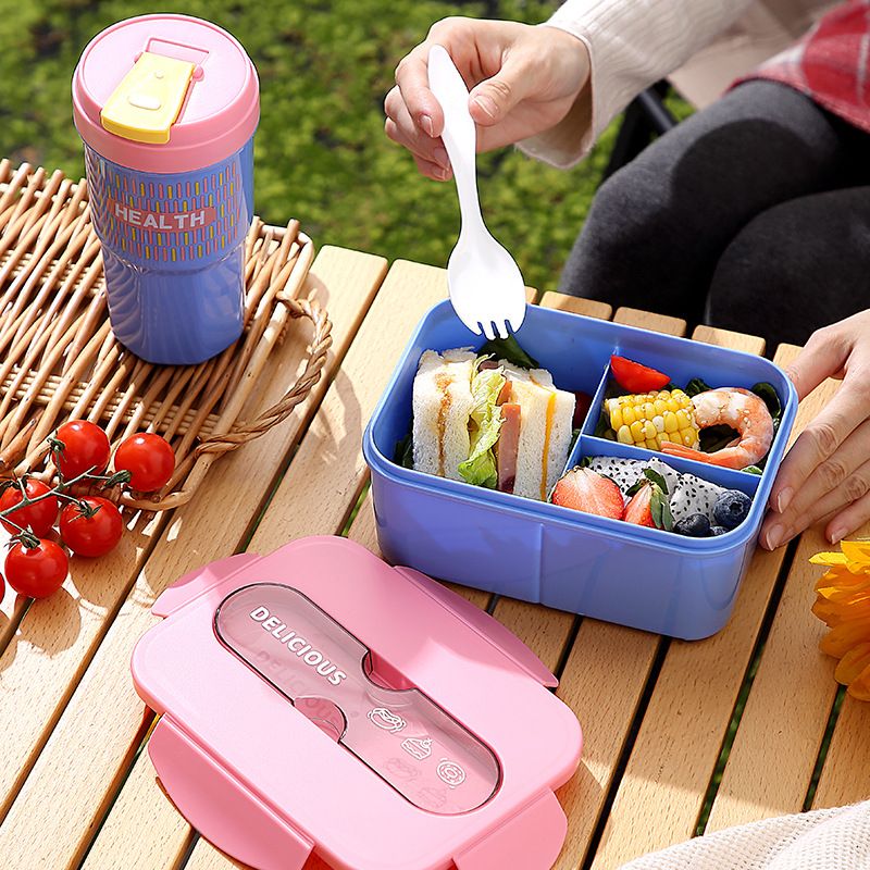 Office Worker Compartment Plastic Lunch Box Student Minimalist Lunch Bento Box Food Container Water Cup Set with Lid
