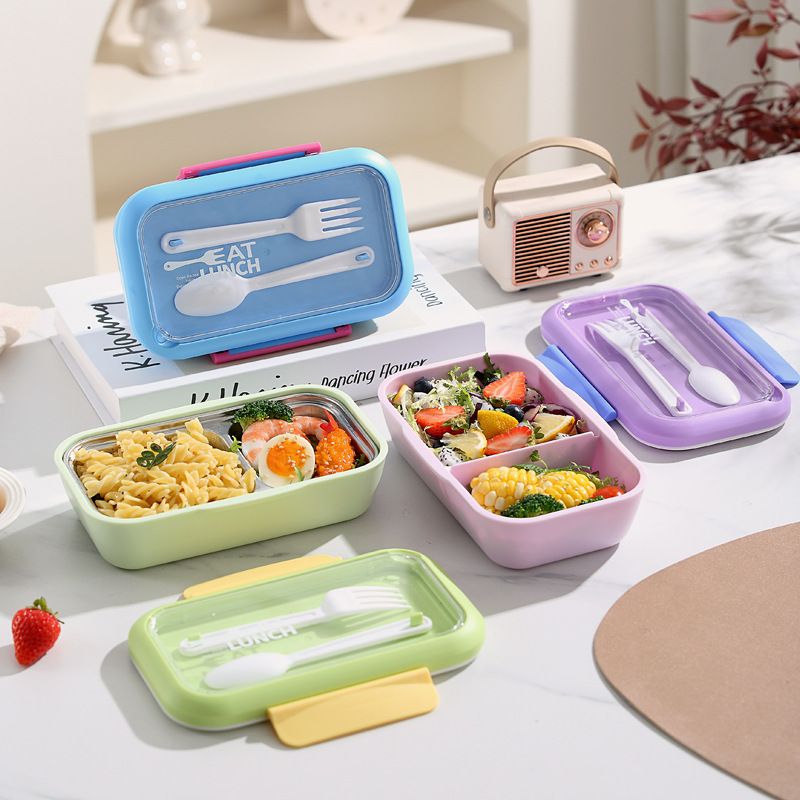 Student 304 Stainless Steel Fresh Compartment Lunch Box with Cutlery Office Worker Lunch Box Takeout Bento Box
