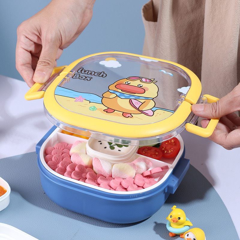 Student Cartoon Compartment Plastic Lunch Box with Lid Double-Layer Microwave Safe Freshness Box Kids Food Container Bento Box