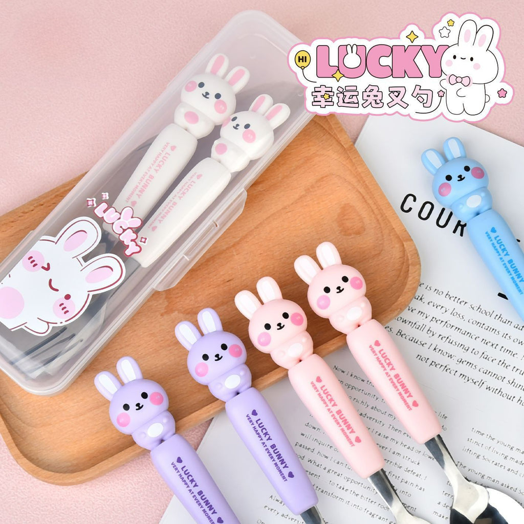 Cartoon Rabbit Stainless Steel Cute Kids Tableware Set Student Portable Spoon and Fork 2-Piece Set Eating Spoon Gift