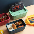 New Student Japanese Style Compartment Bento Box Microwave Safe Plastic Compartment Lunch Box Large Capacity with Cutlery Spoon and Chopsticks