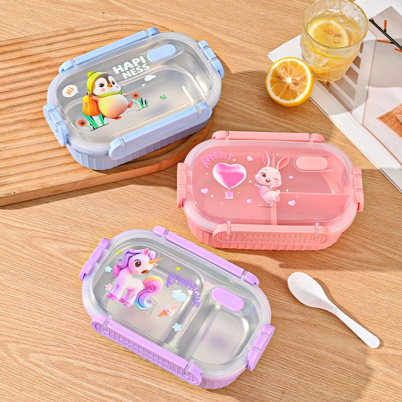 Student Cartoon 304 Stainless Steel Compartment Lunch Box Office Worker Lunch Bento Box Dorm Cafeteria Takeout Food Container