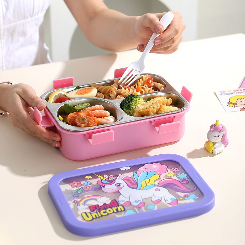 Kids Creative Cartoon 304 Stainless Steel Compartment Lunch Box Student Cafeteria Dorm Takeout Bento Box with Spoon and Fork