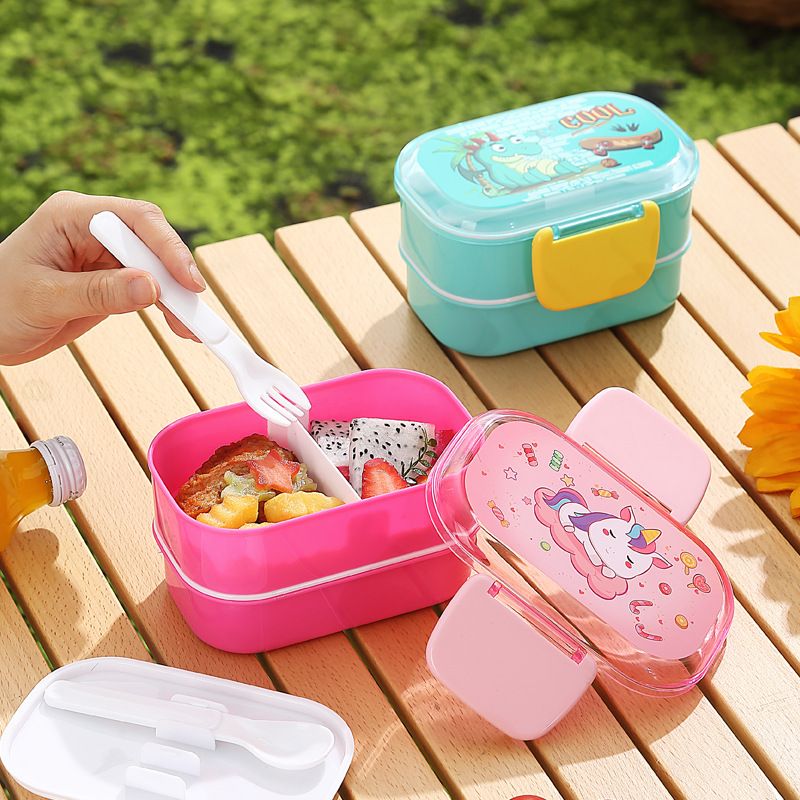 Cartoon Creative Kids Double-Layer Buckle Lunch Box Student Cafeteria Takeout Lunch Bento Box Portable with Cutlery