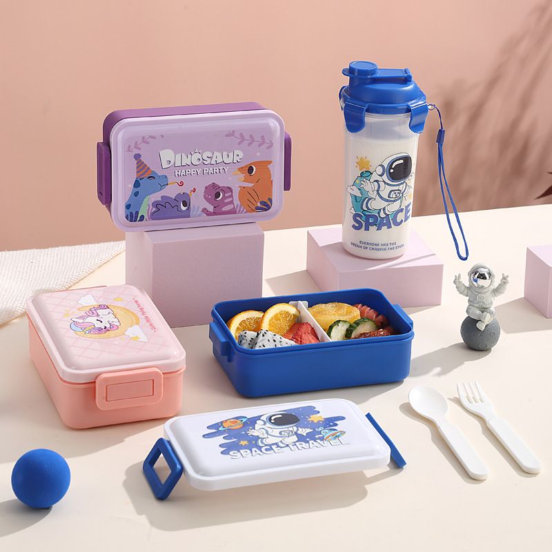 Student Cartoon Compartment Lunch Box Kids Travel Food Container Portable Lunch Bento Box Water Cup Set Gift