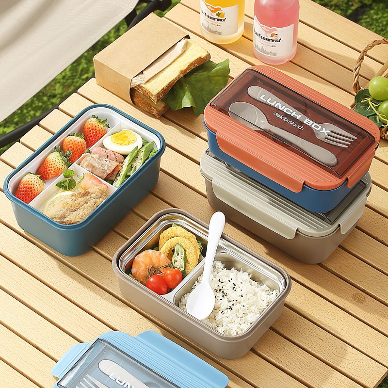 Office Worker Single/Double Layer Plastic Compartment Lunch Box Student 304 Stainless Steel Lunch Bento Box with Spoon and Fork
