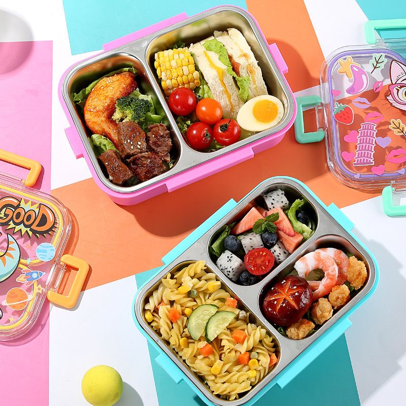 Student Large Capacity 304 Stainless Steel Compartment Lunch Box with Cutlery Kids Cartoon Snack Lunch Box