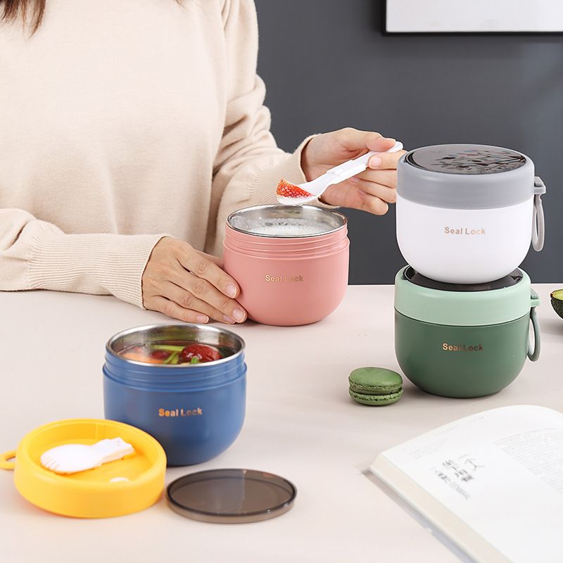Student Milk Cup 304 Stainless Steel with Lid Spoon Office Worker Portable Porridge Jar Soup Cup with Handle