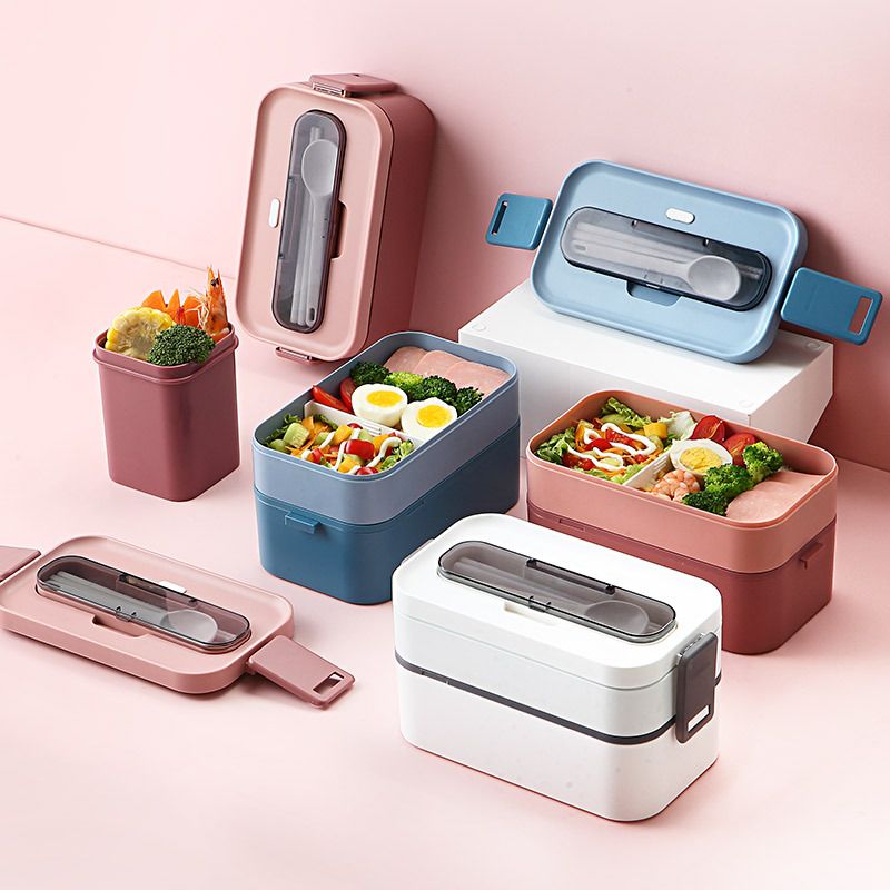 Student Japanese Style Double-Layer Lunch Box Microwave Heating Office Worker Portable Compartment Lunch Bento Box with Spoon and Chopsticks