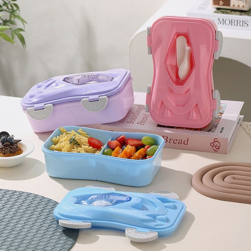 Cartoon Car Type Plastic Bento Box Student Compartment Lunch Box and Water Cup Set with Cutlery Office Worker Portable Food Container