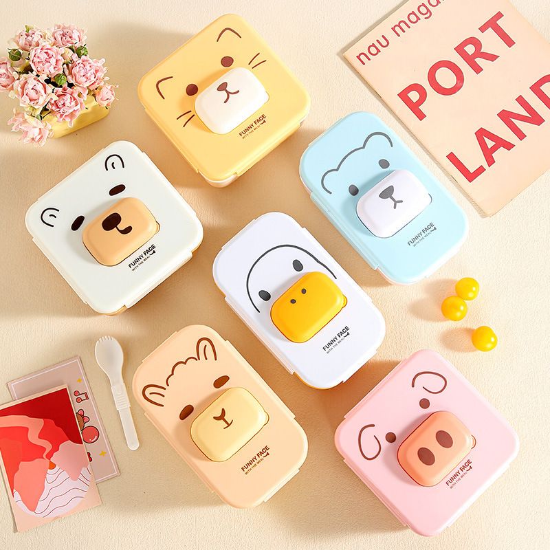 Cute and Fun Cartoon Kids Compartment Lunch Box Student Japanese Style Lunch Bento Box Microwave Safe with Cutlery with Lid