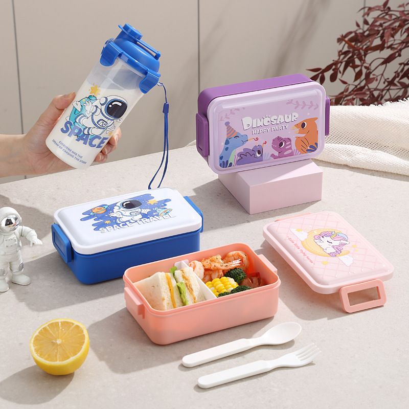 Student Cartoon Compartment Lunch Box Kids Travel Food Container Portable Lunch Bento Box Water Cup Set Gift
