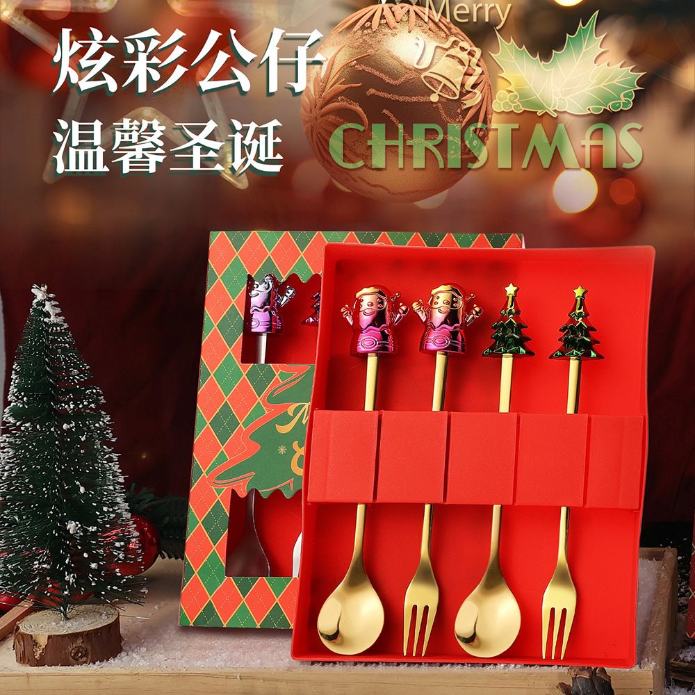 Colorful Christmas Spoon and Fork Set Iridescent Dessert Spoon Fruit Fork Tableware Gift Box Christmas Reindeer Coffee Spoon