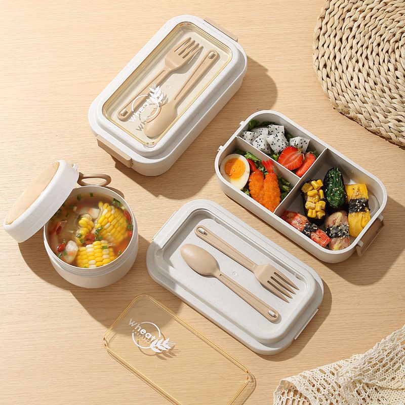 Student Wheat Lunch Box Milk Cup Office Worker Portable Lunch Bento Box with Cutlery Soup Cup Set
