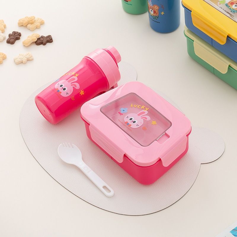 Cartoon Student Plastic Compartment Lunch Box and Water Cup Set Picnic Camping Snack Lunch Bento Box with Cutlery