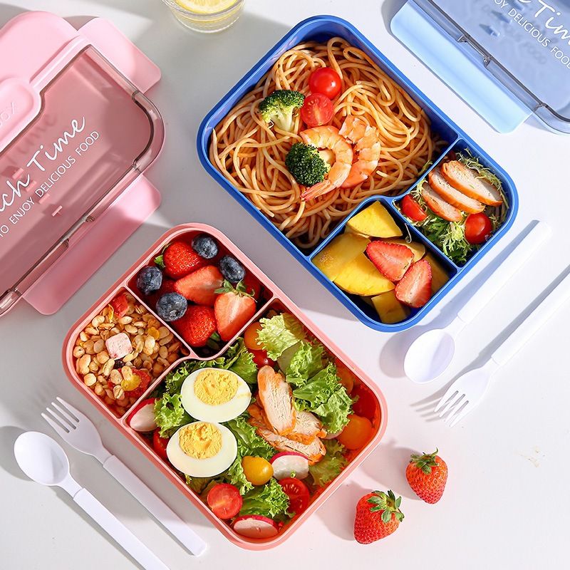 Japanese Style Student Plastic Lunch Box Compartment with Lid Tableware Spoon and Fork Office Worker Lunch Bento Box Microwave Safe