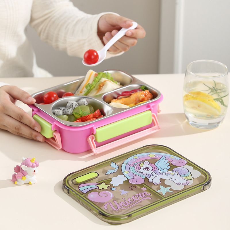 Student Cartoon Dinosaur 304 Stainless Steel Compartment Lunch Box Kids Takeout Lunch Bento Box Large Capacity with Cutlery