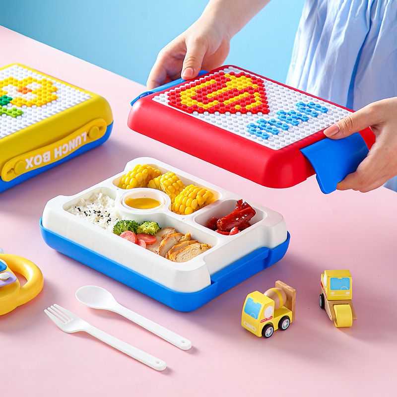 Cartoon DIY Pixel Building Blocks Kids Compartment Plastic Lunch Box Student Lunch Bento Box Picnic