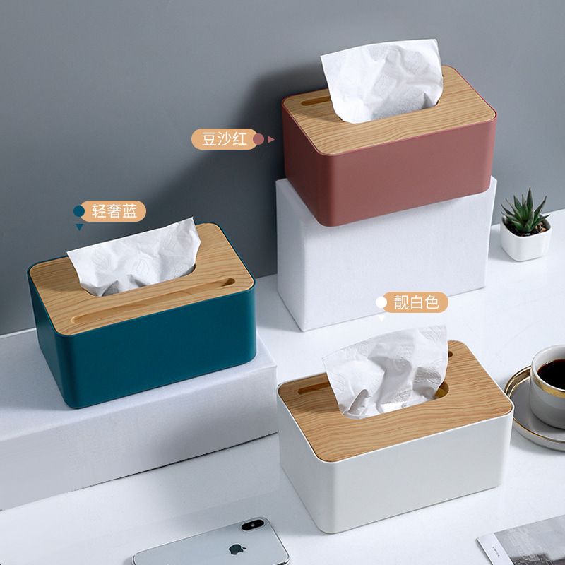 Household Minimalist Desktop Tissue Dispenser Wood Grain Living Room Dining Room Plastic Storage Tissue Box Printed Ad Logo Gift