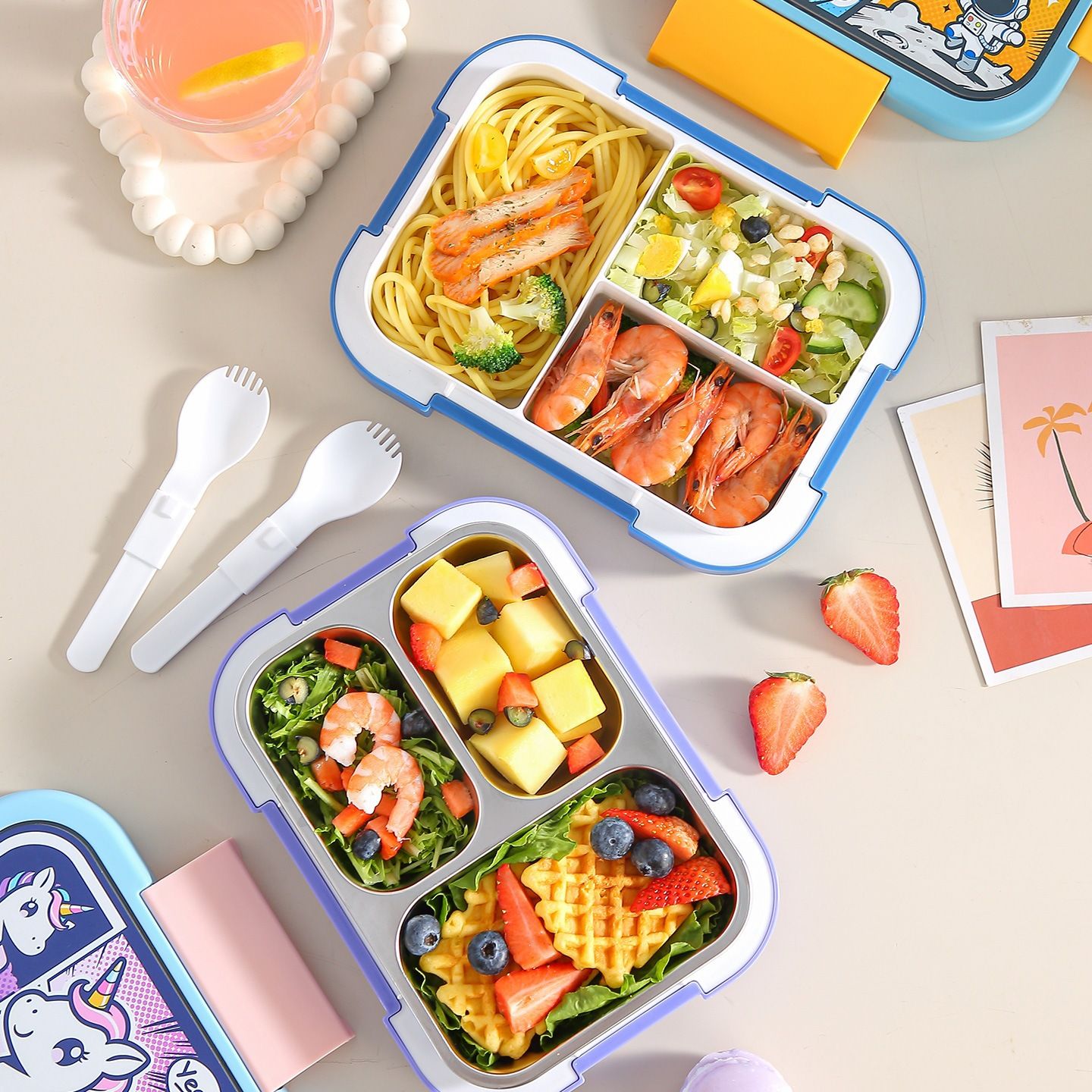 Cartoon Compartment Lunch Box Student Bento Box Stainless Steel Microwave Heating Kids Food Container Cute Portable Lunch Box