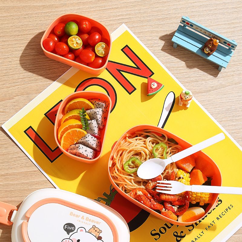 Student Cartoon Little Bear Double-Layer Plastic Lunch Box Office Worker Portable Lunch Bento Box Microwave Heating Large Capacity