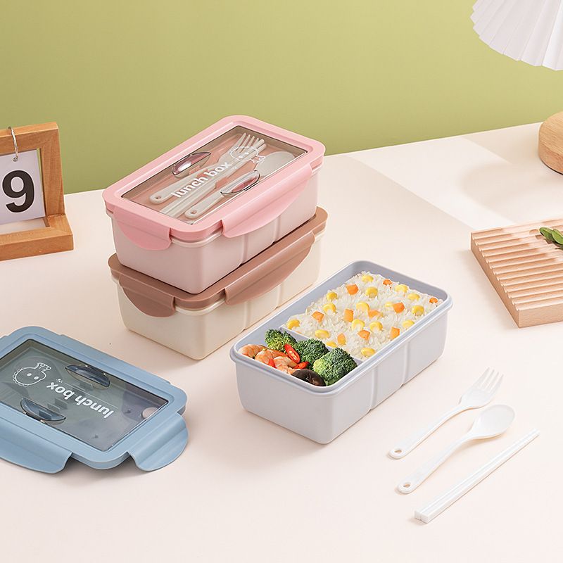 Minimalist Student Compartment Plastic Lunch Box Office Lunch Bento Box Microwave Safe Heating Spoon and Chopsticks Cutlery