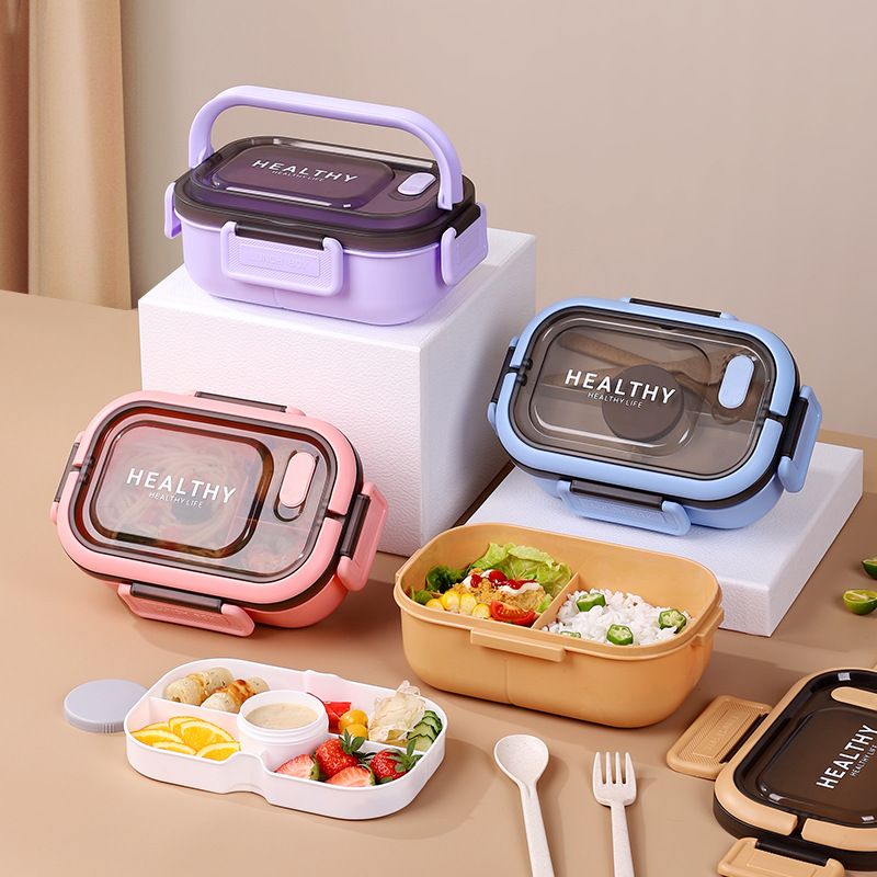 Student Cartoon Compartment Lunch Box with Handle Food Container Office Worker Lunch Bento Box Large Capacity with Cutlery