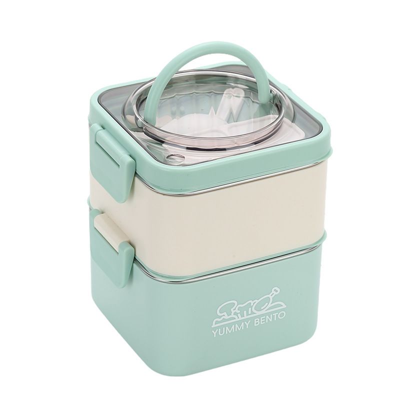 Student Square Double-Layer 304 Stainless Steel Compartment Lunch Box Office Worker Lunch Bento Box with Handle Portable Food Container