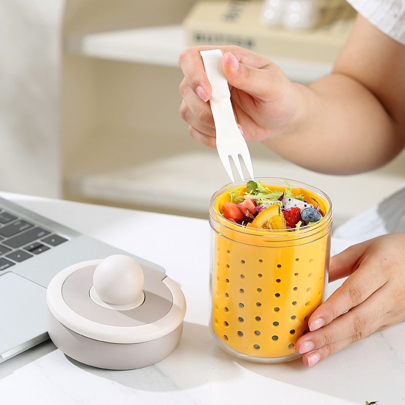 Creative Student Picnic Camping Double-Layer Fruit Cup Fork Draining Portable Oatmeal Cup Yogurt Cup