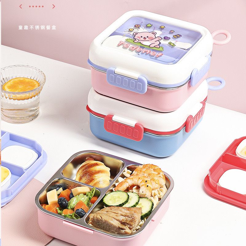 Cartoon 304 Stainless Steel Student Square Lunch Box Kids Compartment Lunch Bento Box with Lid Portable Food Container