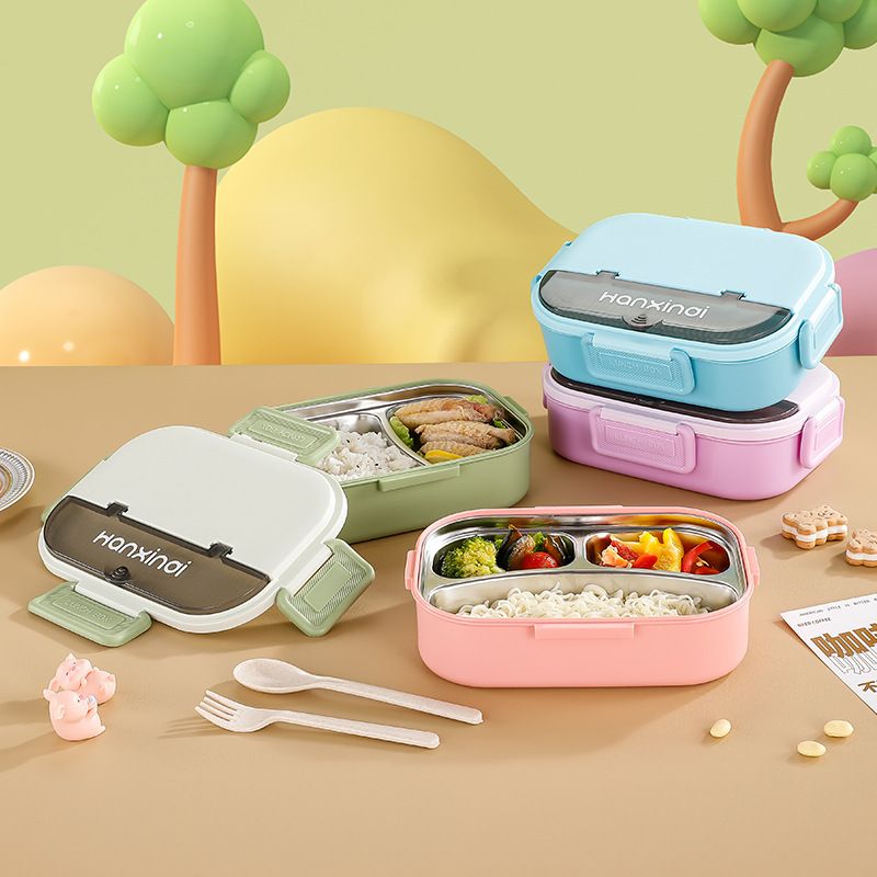Minimalist Student 304 Stainless Steel Compartment Lunch Box with Spoon and Fork Office Worker Lunch Bento Box Cafeteria Takeout Food Container