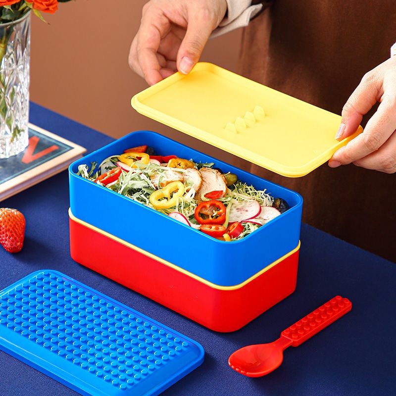Creative Kids Assemble Building Blocks Double-Layer Lunch Box Student Bento Box Spring Outing Picnic
