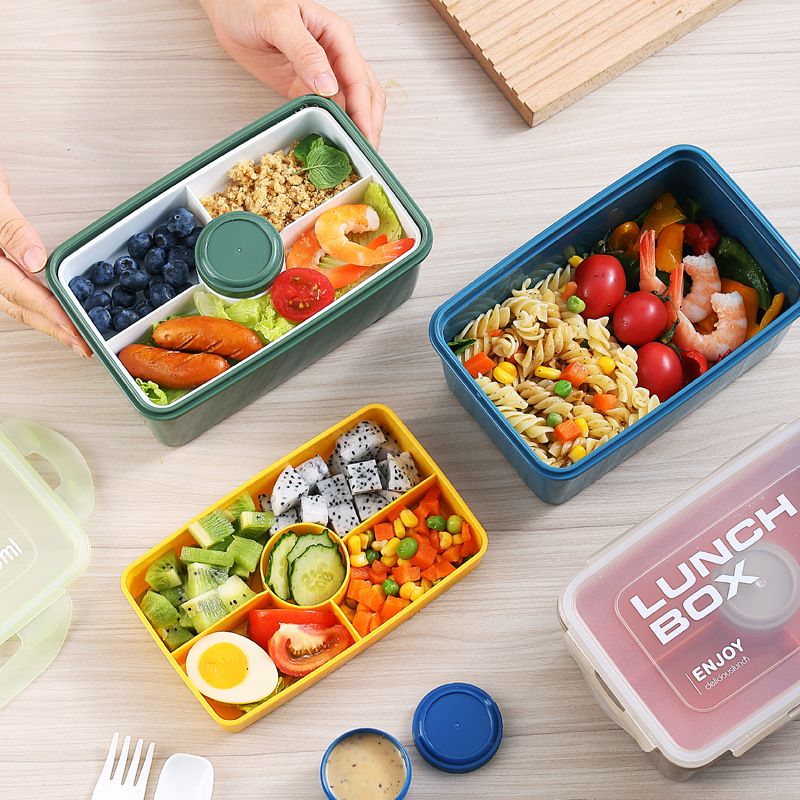 Japanese Style Student Plastic Double-Layer Lunch Box Office Worker Microwave Safe Heating Lunch Bento Box Takeout Food Container Sauce Box