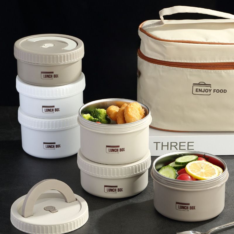 Minimalist Student Japanese Style Round Lunch Bento Box Outdoor Takeout Food Container Household Portable Stainless Steel Lunch Box with Handle